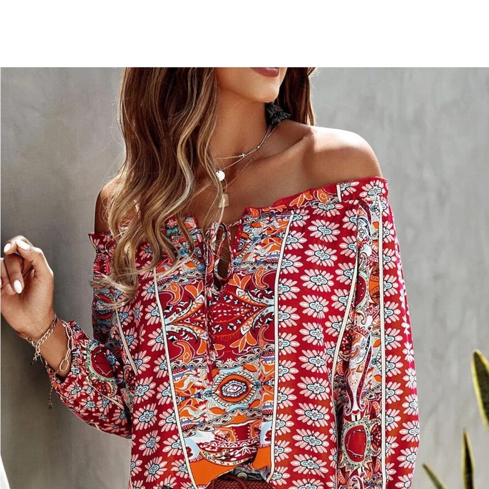 Boho Floral Off-Shoulder Blouse in Red